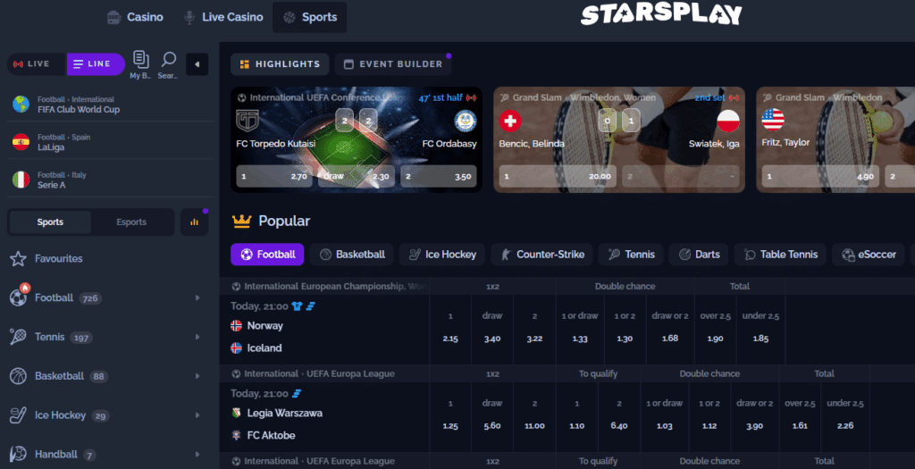 Starsplay Casino sport och odds layout